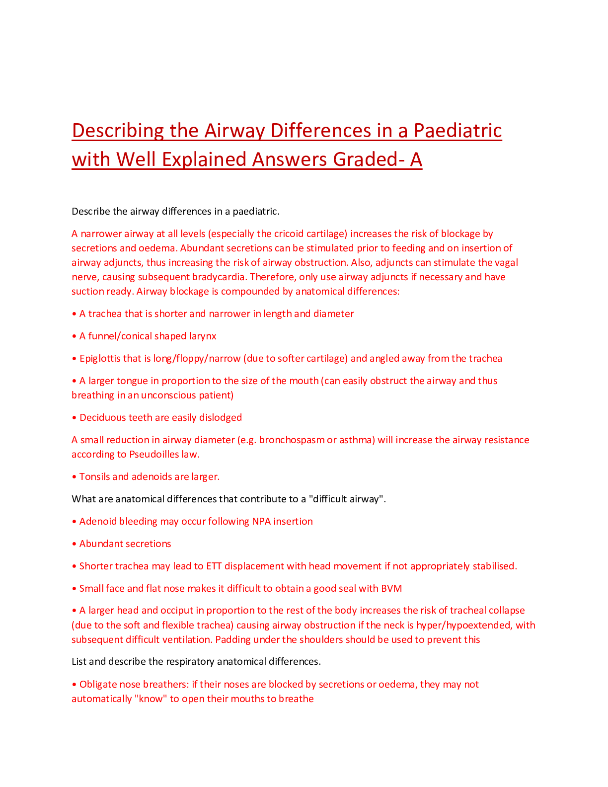 Preview image for DESCRIBING THE AIRWAY DIFFERENCES IN A PAEDIATRIC with Well Explained Answers Graded- A